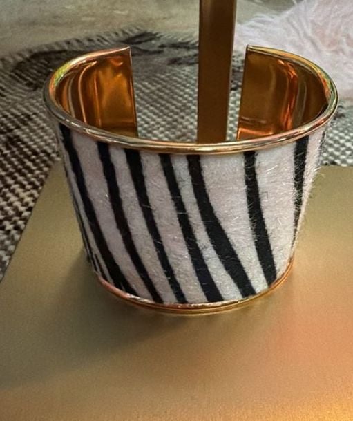 Zebra Print Faux Fur Cuff Bracelet Gold Tone Open Wide Statement Jewelry 2