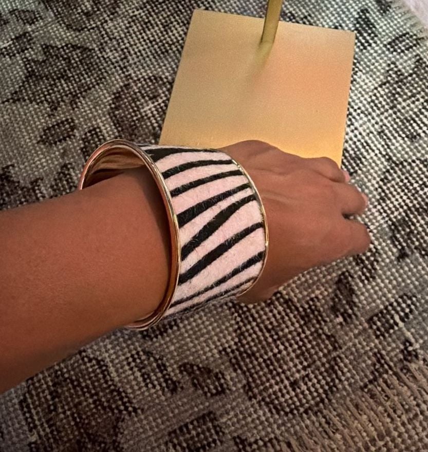 Zebra Print Faux Fur Cuff Bracelet Gold Tone Open Wide Statement Jewelry 4