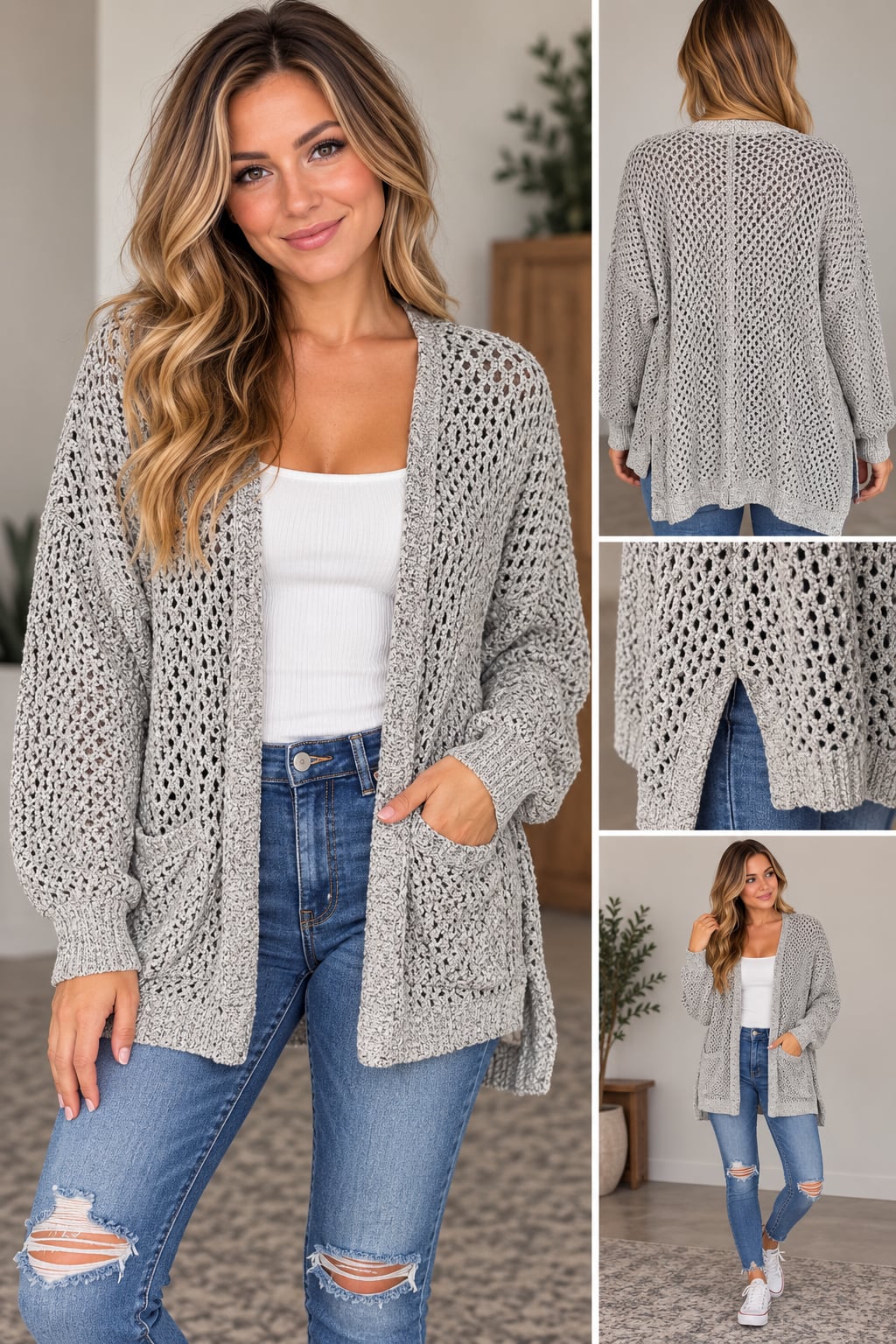 maurices Pointelle Open Front Duster Cardigan Size 2 Gray Cotton Blend 2