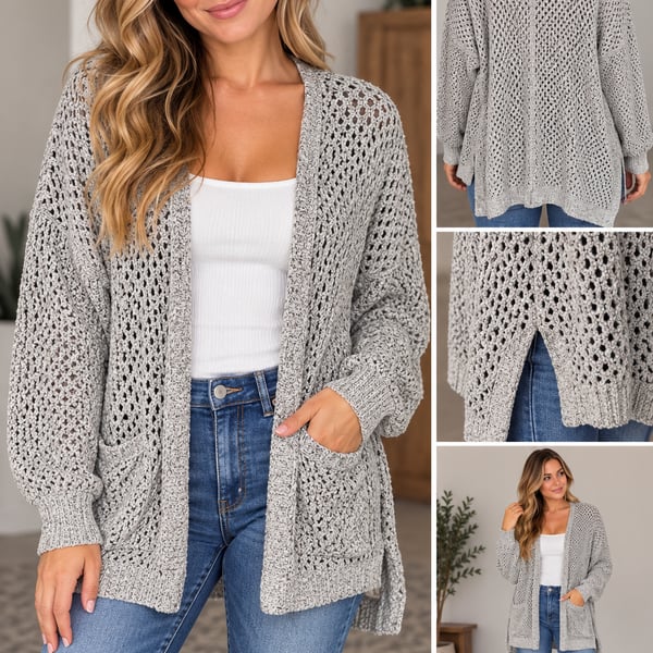 maurices Pointelle Open Front Duster Cardigan Size 2 Gray Cotton Blend