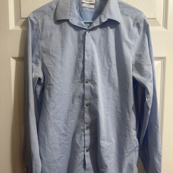 Calvin Klein Steel Slim Fit Herringbone Shirt 15 1/2 34/35 Blue Long Sleeve