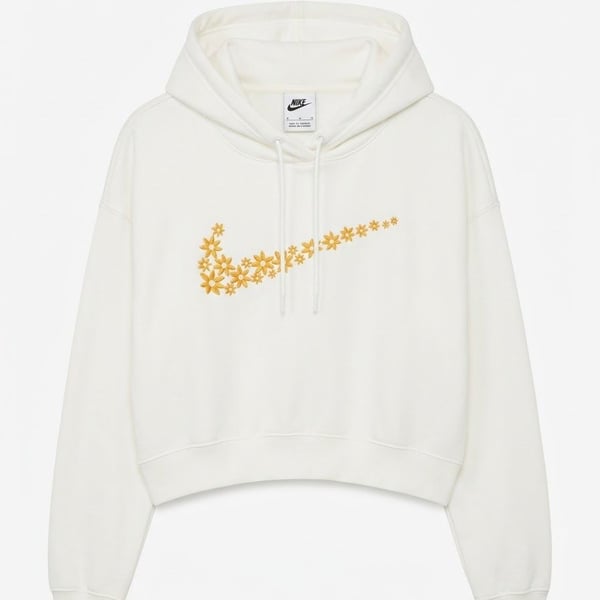Nike Floral Swoosh Cropped Hoodie Size S White Yellow Daisy Embroidered