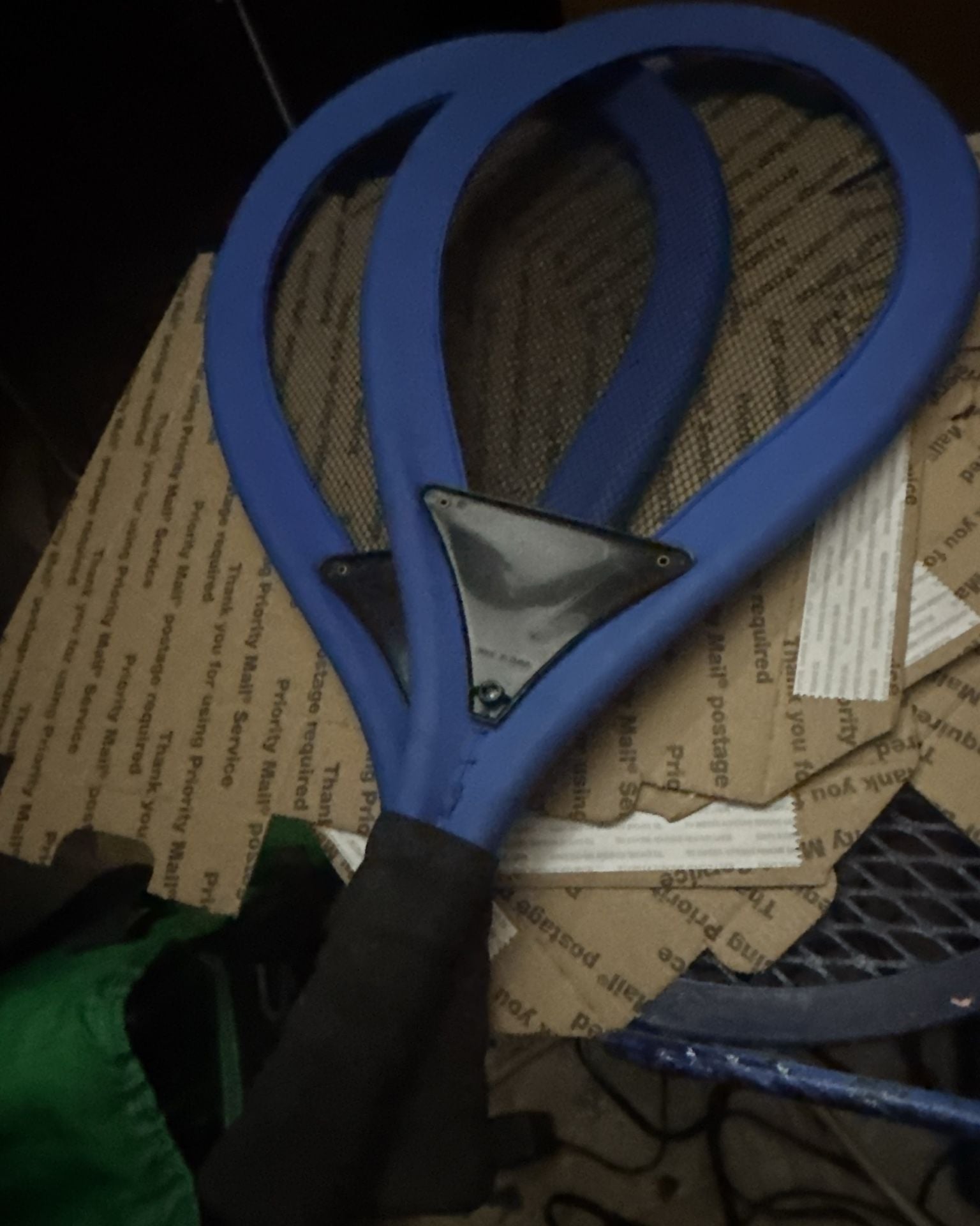 Blue Mesh Tennis Racket with Black Grip and Metal Plate 2