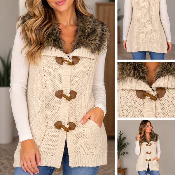 Pink Republic Sweater Vest Faux Fur Collar Toggle Cream Knit. Size Medium
