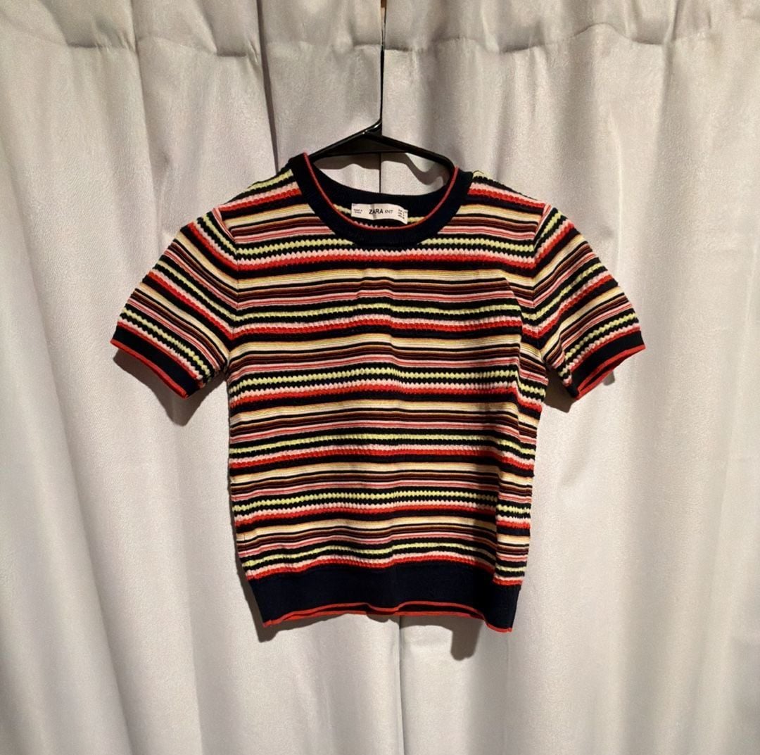 Zara Knit Short Sleeve Striped Top Size S Multicolor 2
