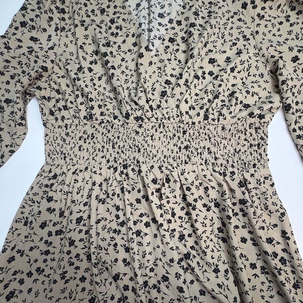 Womens Beige Black Floral Smocked Waist Peplum Blouse Puff Sleeve