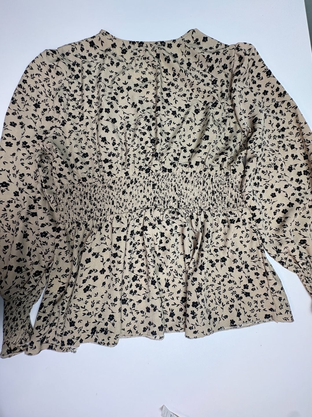 Womens Beige Black Floral Smocked Waist Peplum Blouse Puff Sleeve 3