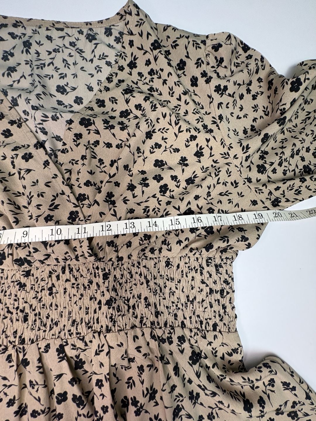 Womens Beige Black Floral Smocked Waist Peplum Blouse Puff Sleeve 4