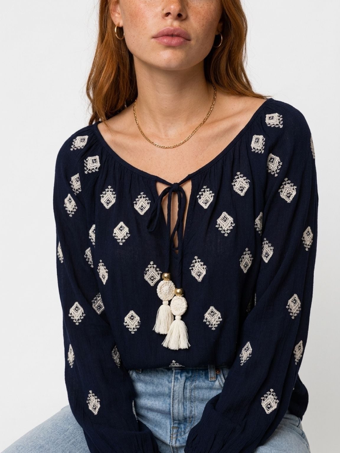 Ridiculously Gorgeous Ramy Brook Navy Boho Tassel Top Size M/L 2