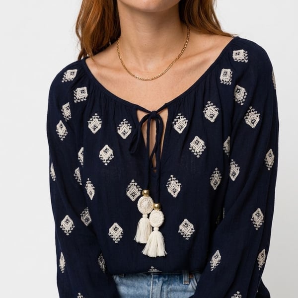 Ridiculously Gorgeous Ramy Brook Navy Boho Tassel Top Size M/L
