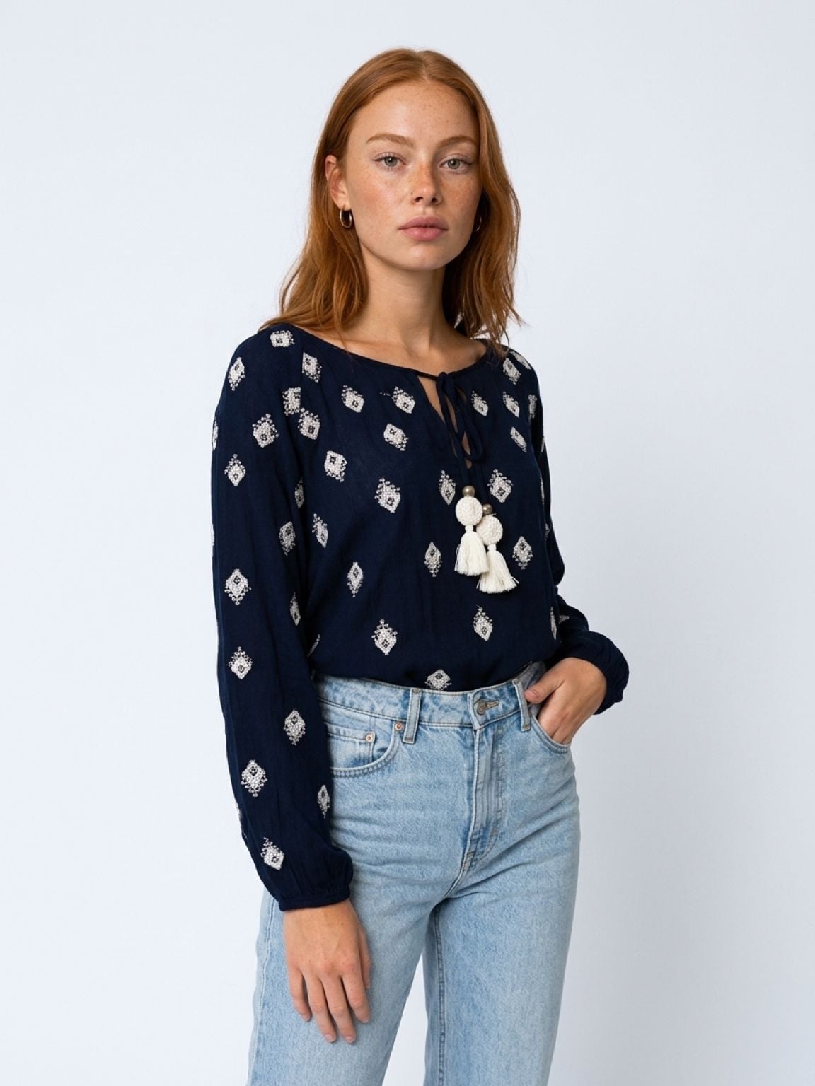 Ridiculously Gorgeous Ramy Brook Navy Boho Tassel Top Size M/L 3