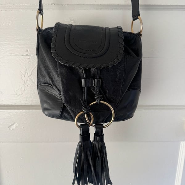 See By Chloe Black Leather Crossbody Bag with Tassels and Gold Hardware
