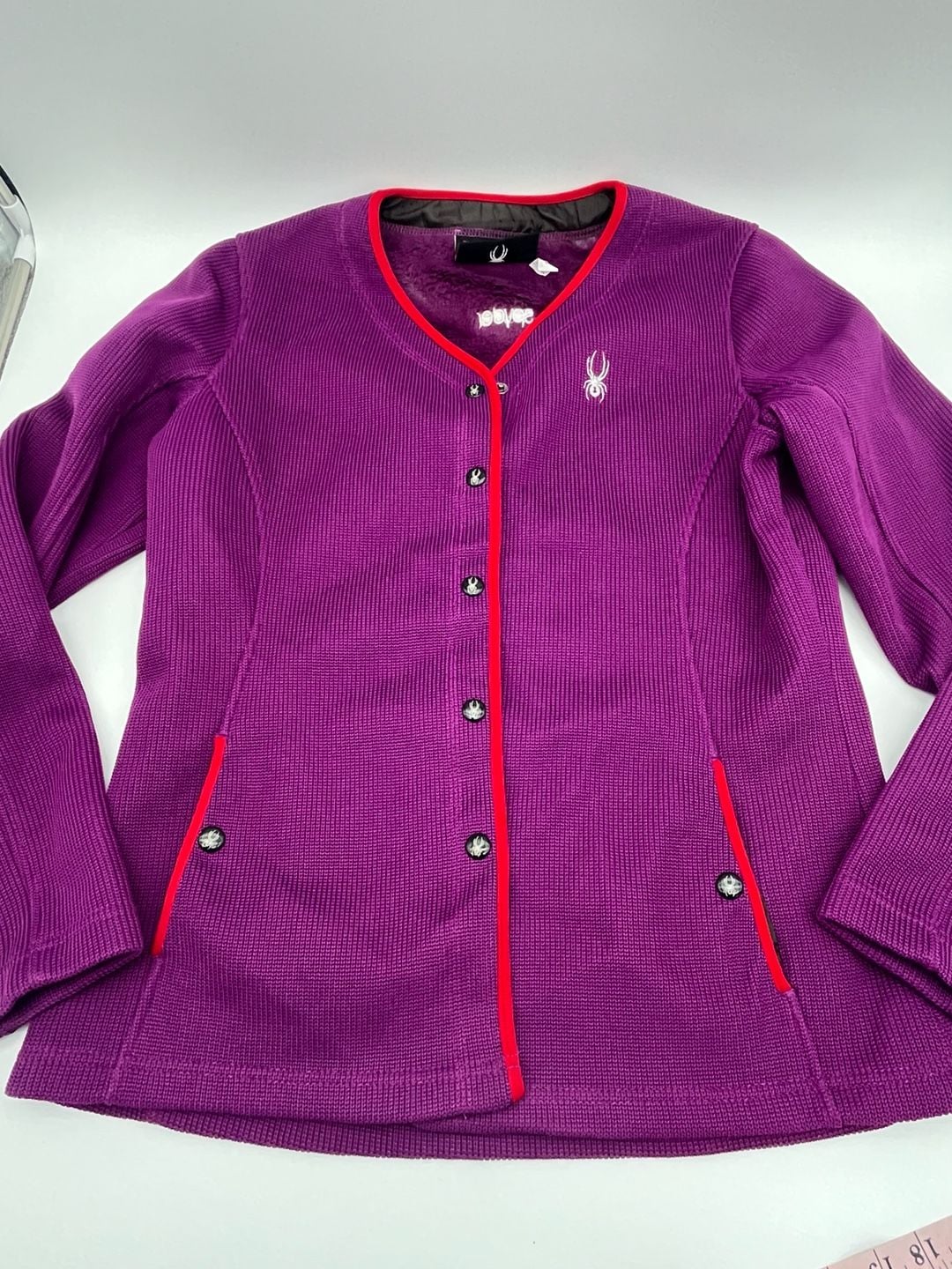 Spyder Purple Long Sleeve Knit Fleece lined Jacket with snaps and red piping L 2