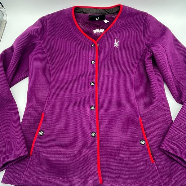Spyder Purple Long Sleeve Knit Fleece lined Jacket with snaps and red piping L