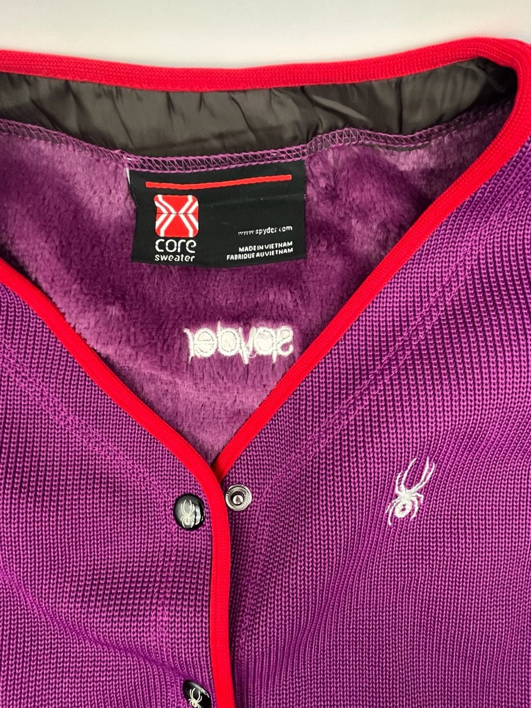 Spyder Purple Long Sleeve Knit Fleece lined Jacket with snaps and red piping L 3