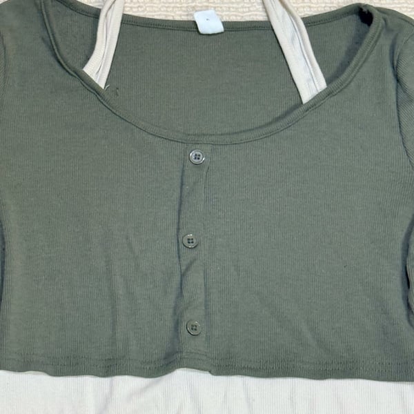 Shein Long Sleeve Ribbed Crop Top Green White Teen 14Y