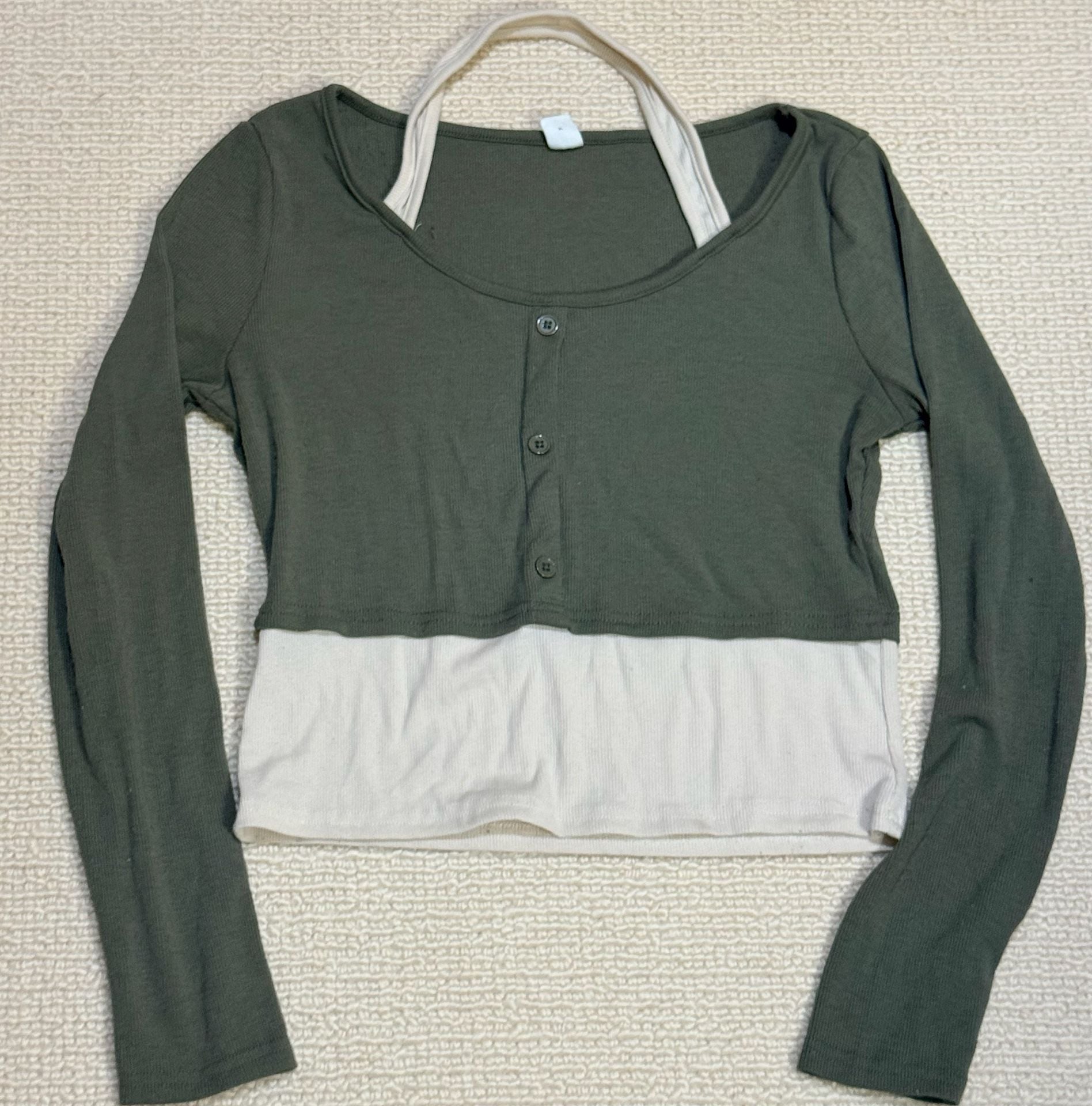 Shein Long Sleeve Ribbed Crop Top Green White Teen 14Y 3