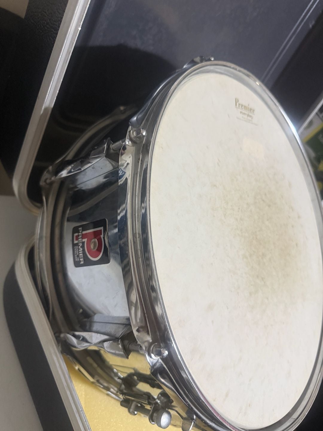 Premier Snare Drum 14 Vintage Metal With Case And Sticks 11