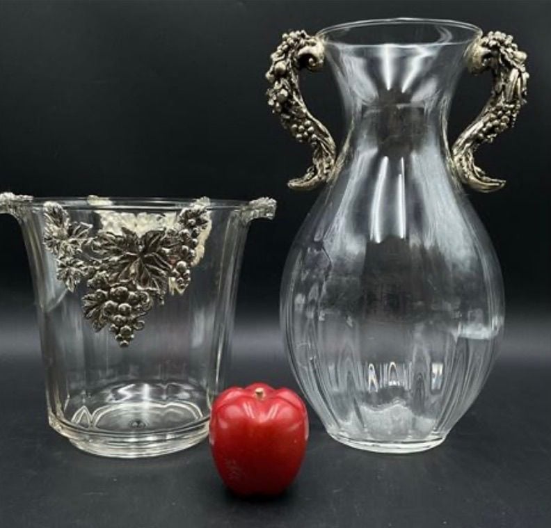 Vtg Arthur Court Grapevine Glass Ice Bucket Wine Chiller & Double Handled Carafe Pitcher Set 1