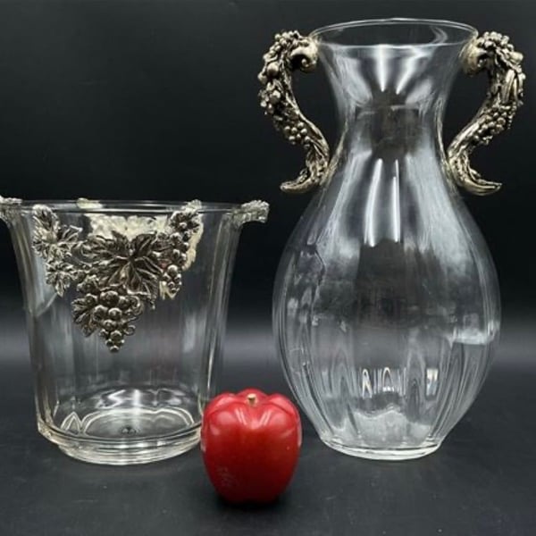 Vtg Arthur Court Grapevine Glass Ice Bucket Wine Chiller & Double Handled Carafe Pitcher Set