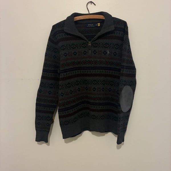Polo Ralph Lauren Quarter Zip Fair Isle Sweater Size M Gray Wool Cashmere