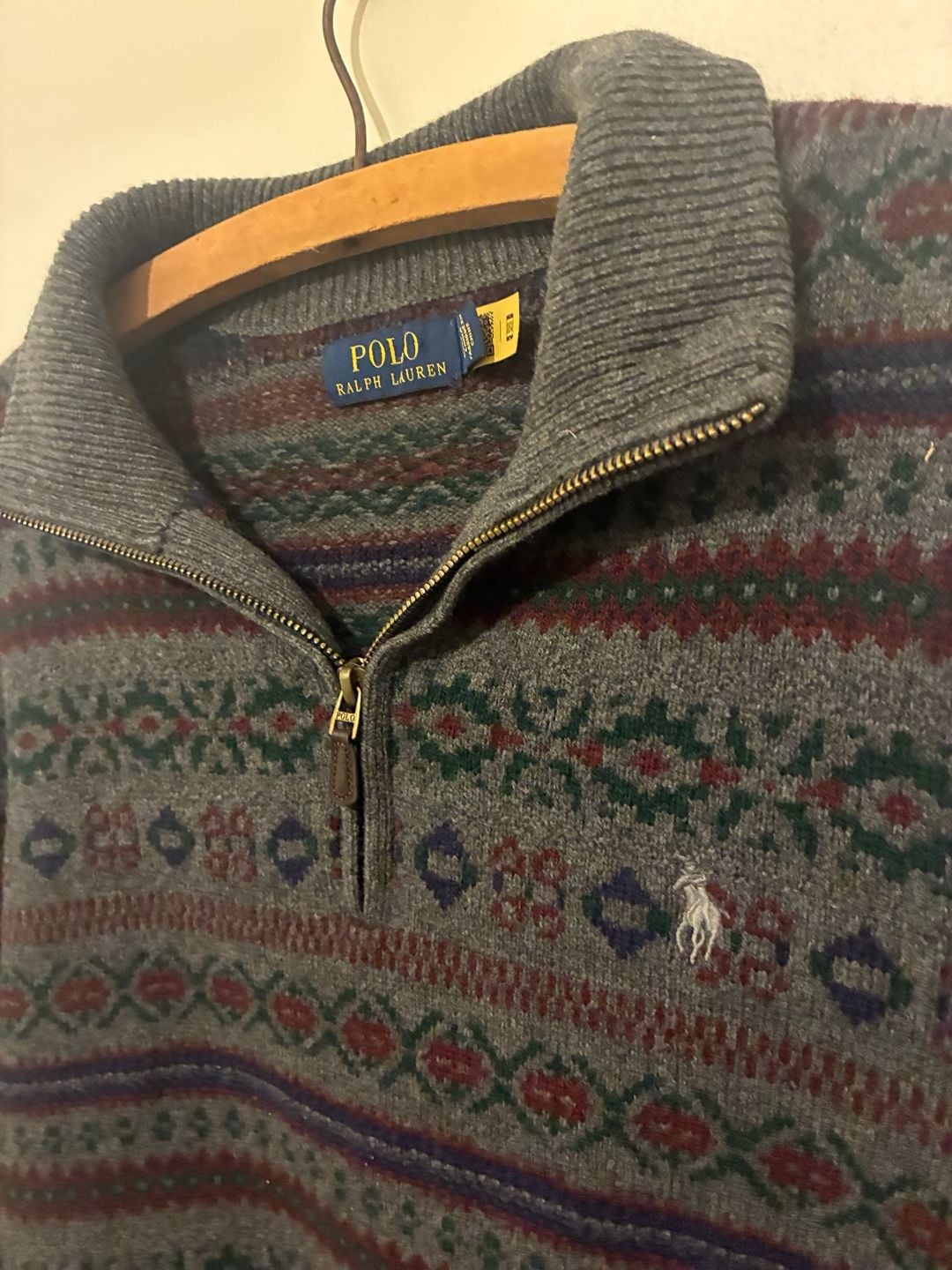 Polo Ralph Lauren Quarter Zip Fair Isle Sweater Size M Gray Wool Cashmere 5