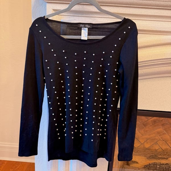 Only Nine Petite Pearl Embellished Long Sleeve Top Size PS Black