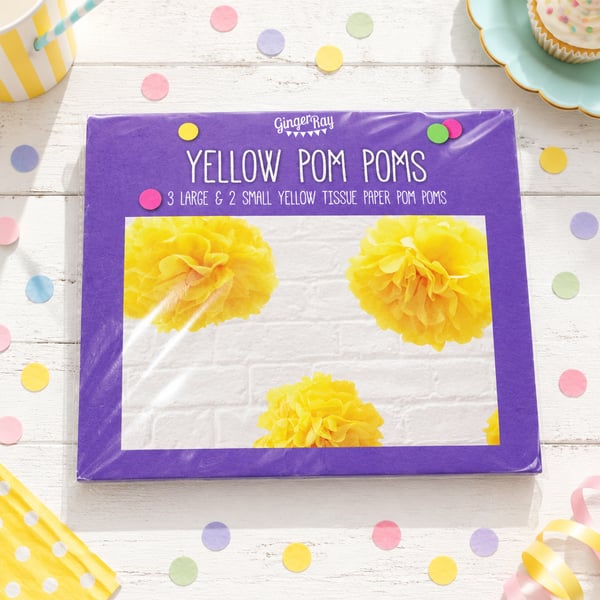 Ginger Ray Yellow Pom Poms | 3x (13”) and 2x (10”)