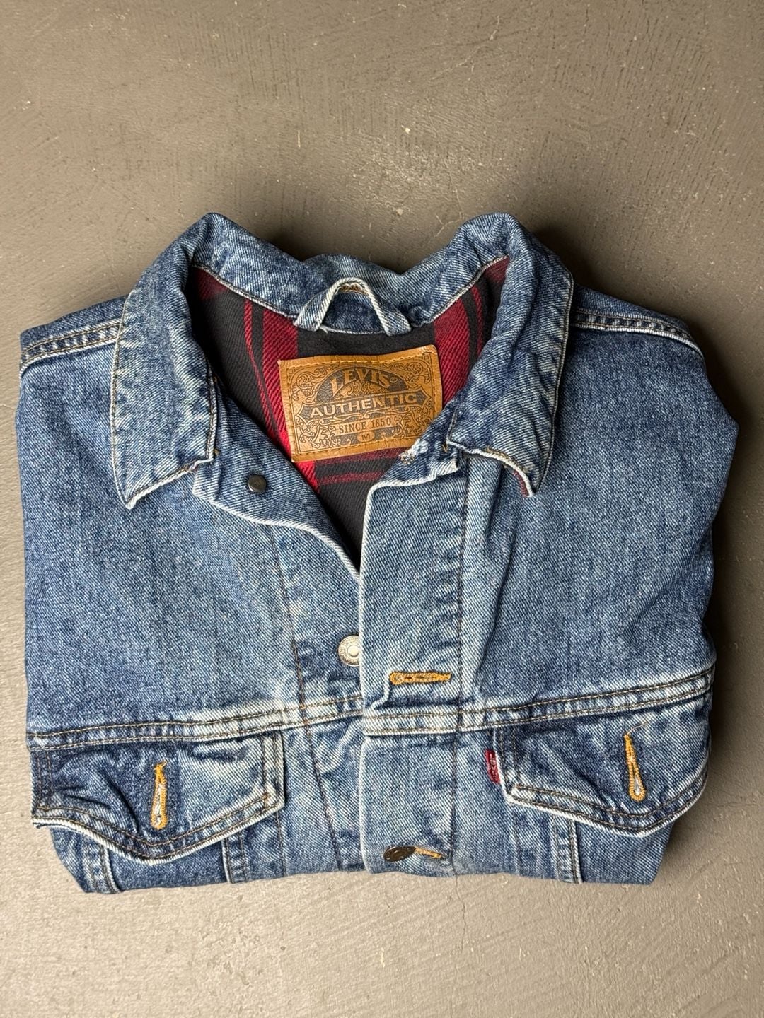 Levi's Vintage Plaid Lined Denim Trucker Jacket Size M Blue Jean Jacket 2
