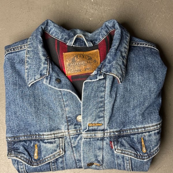Levi's Vintage Plaid Lined Denim Trucker Jacket Size M Blue Jean Jacket