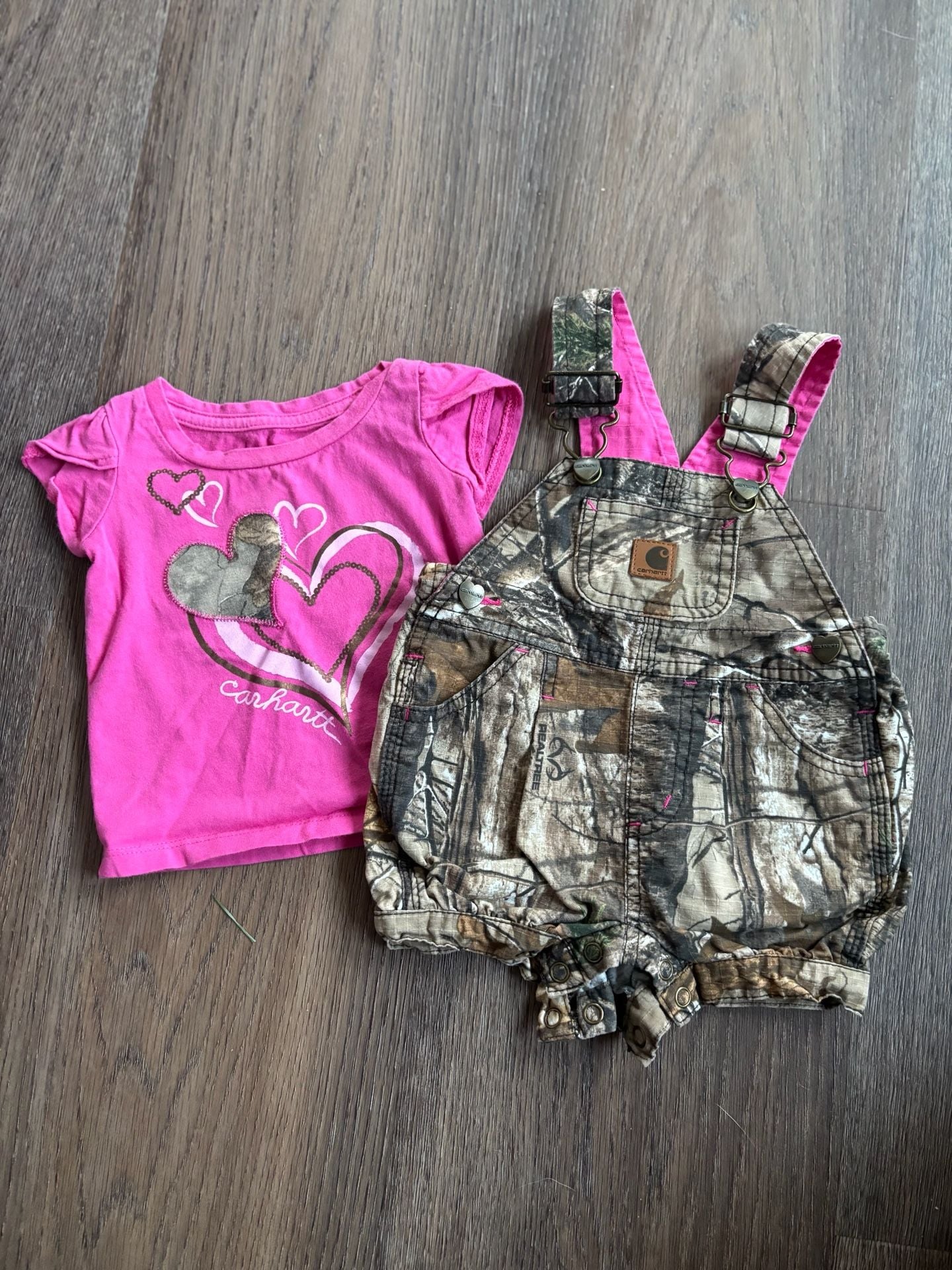 Carhartt Kids RealTree Camo Overalls Size 3m Pink Heart T-Shirt Set 1