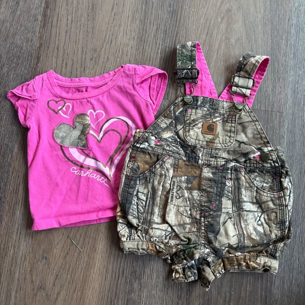 Carhartt Kids RealTree Camo Overalls Size 3m Pink Heart T-Shirt Set