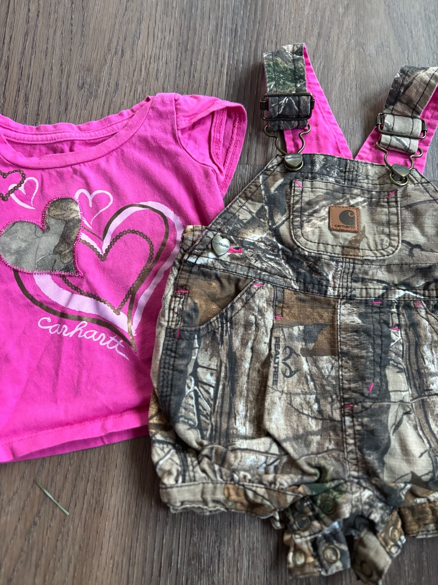 Carhartt Kids RealTree Camo Overalls Size 3m Pink Heart T-Shirt Set 2