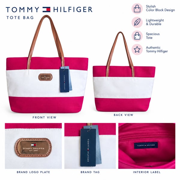NWT Tommy Hilfiger Red and White Striped Canvas Tote Bag with Leather Straps