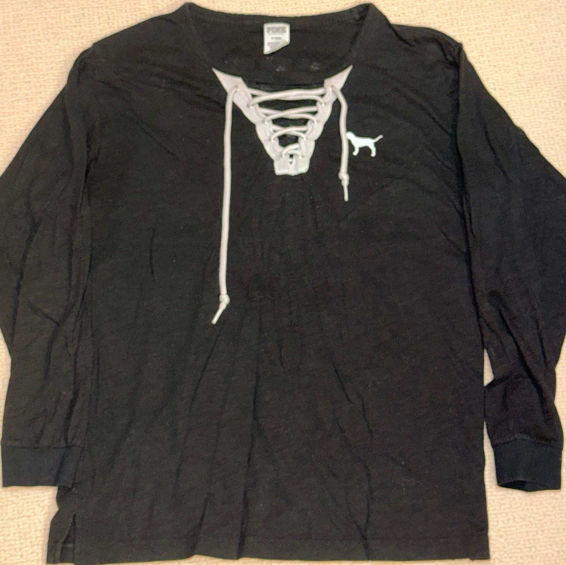 PINK Victoria's Secret Long Sleeve Lace-Up Graphic T-Shirt Size M Black 2