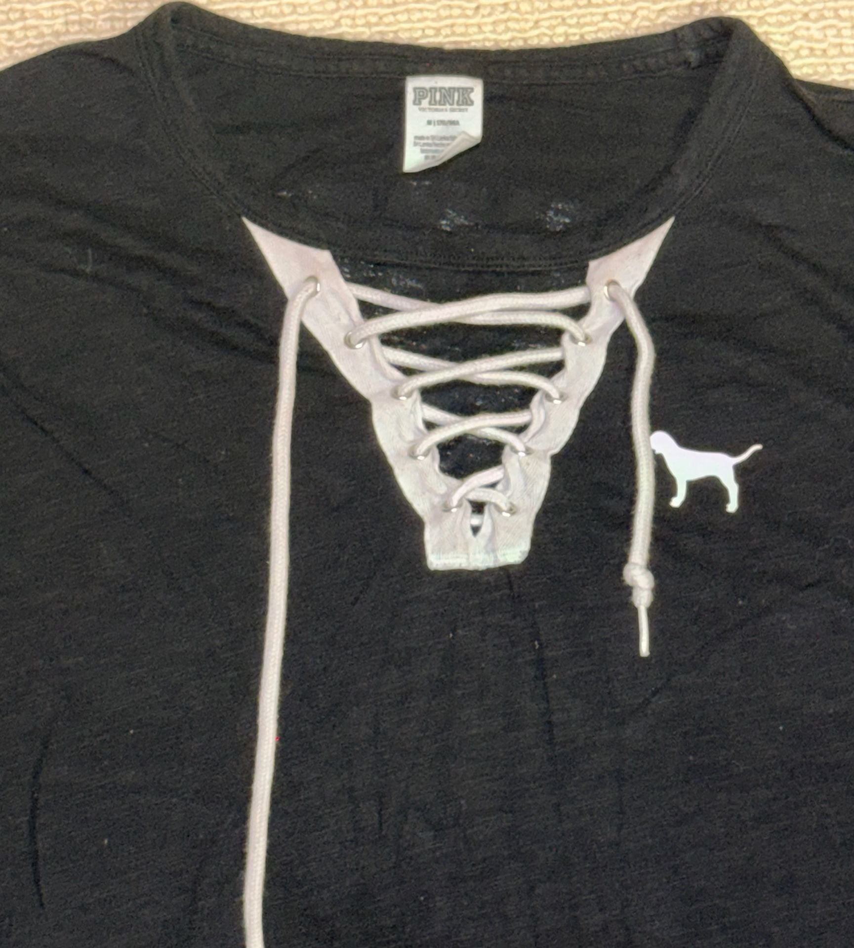 PINK Victoria's Secret Long Sleeve Lace-Up Graphic T-Shirt Size M Black 3