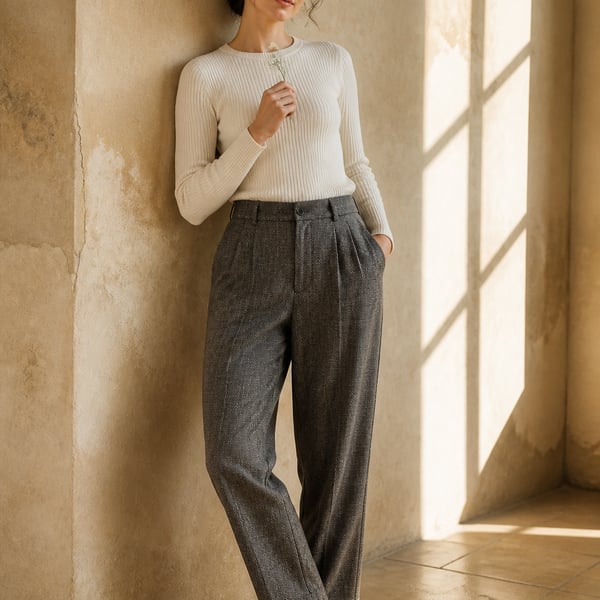 Georgio Santangelo Merino Wool Pants Size 10 Grey Plaid High Waisted Trousers