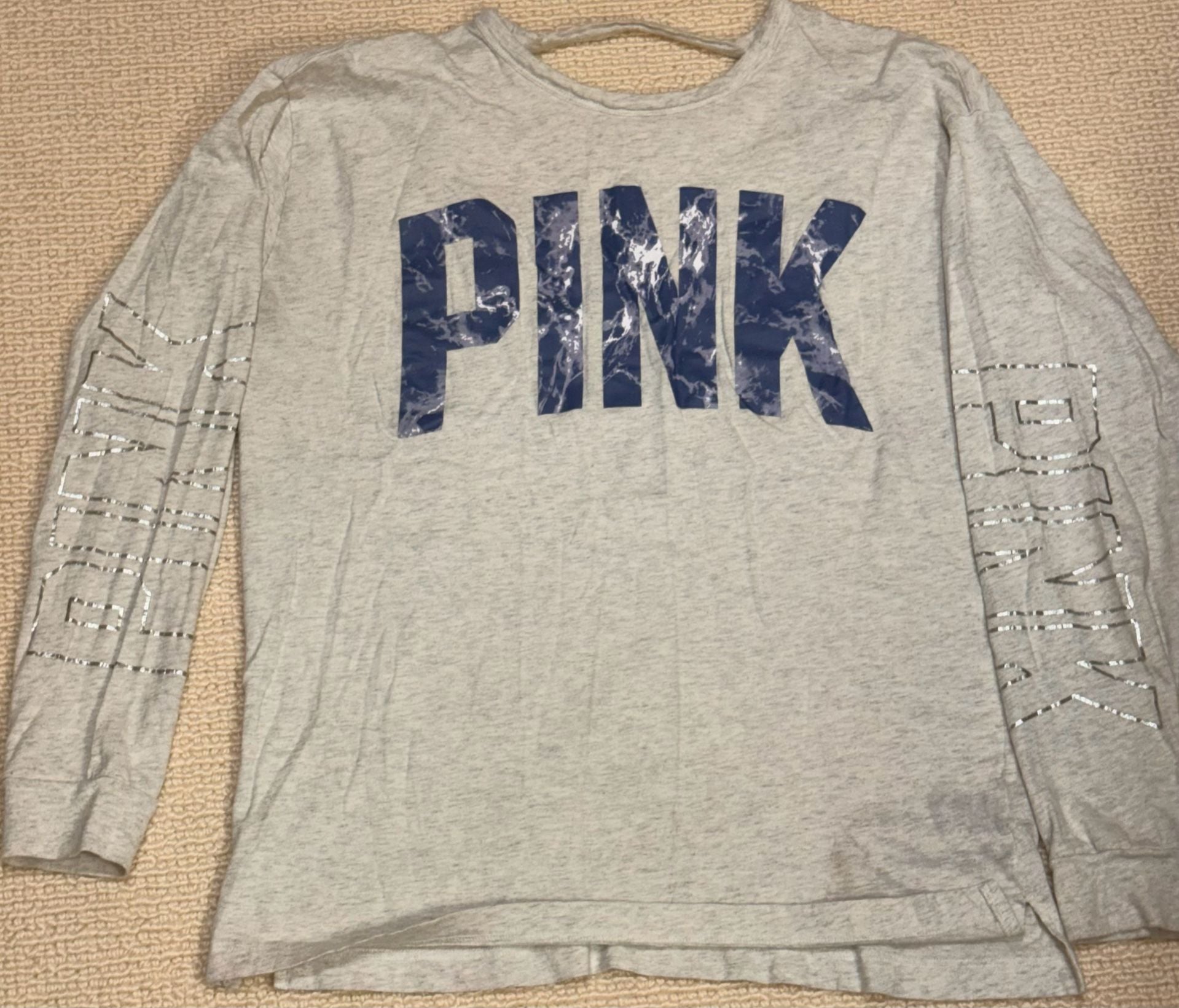 PINK Victoria's Secret Long Sleeve Graphic Tee Size 88A Gray Marble Print 2