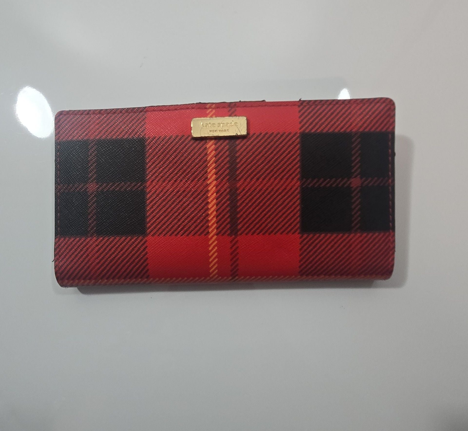 Kate Spade Woodland Plaid Stacy Bifold Wallet Red Black 2