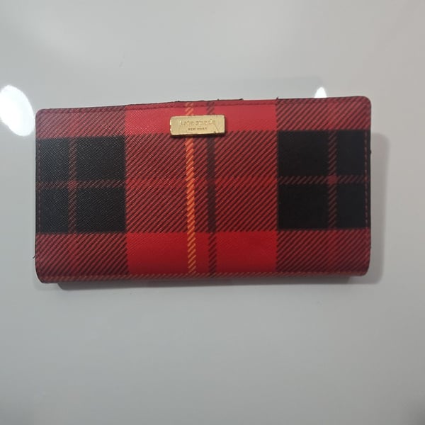 Kate Spade Woodland Plaid Stacy Bifold Wallet Red Black
