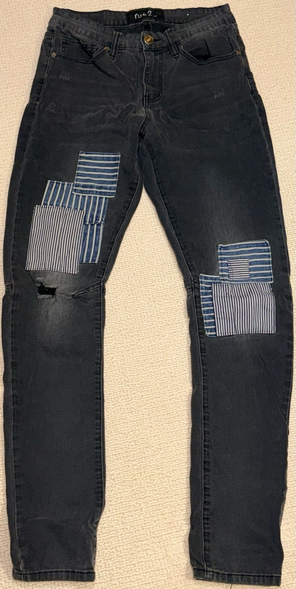 Rue 21 Skinny Arc Supreme Flex Jeans Size 32/34 Dark Wash Distressed Patchwork 2