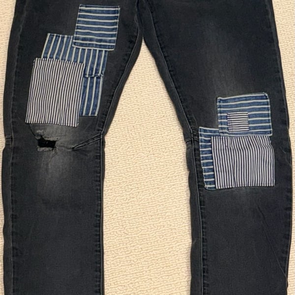 Rue 21 Skinny Arc Supreme Flex Jeans Size 32/34 Dark Wash Distressed Patchwork