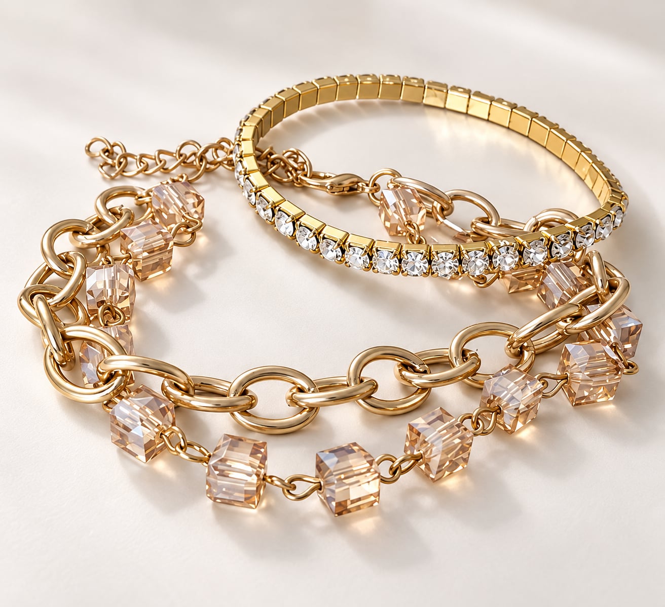 Gold Tone Crystal Tennis Chain Bracelet Set of 3 1