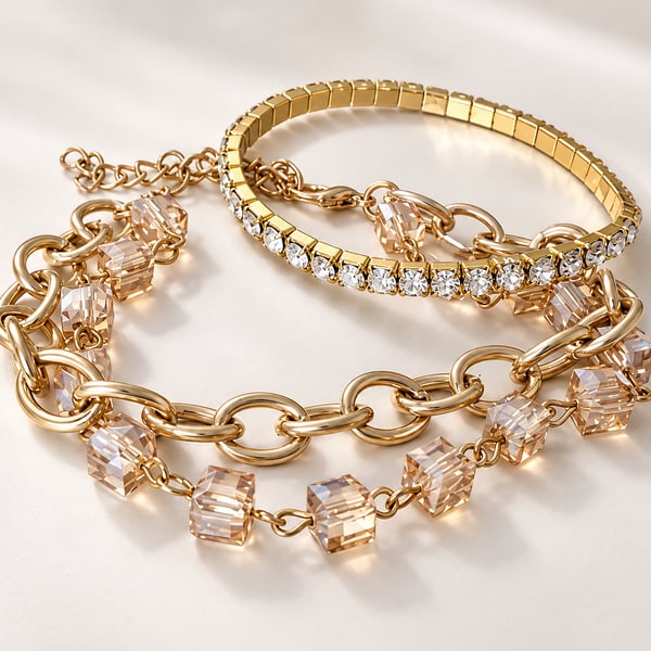 Gold Tone Crystal Tennis Chain Bracelet Set of 3