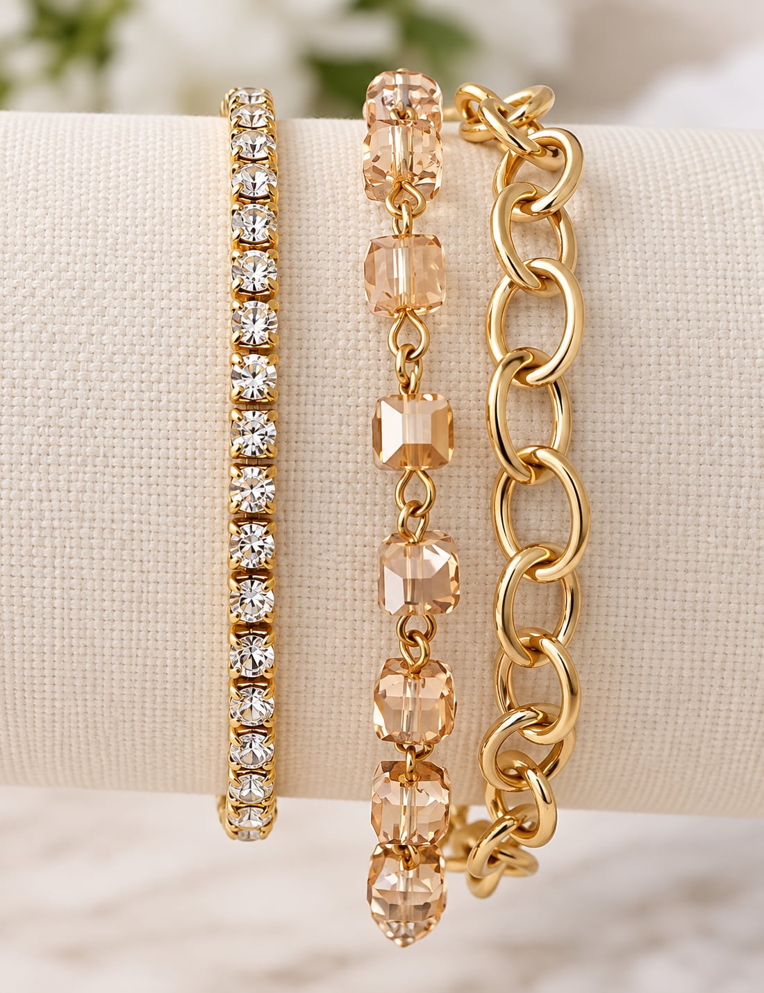 Gold Tone Crystal Tennis Chain Bracelet Set of 3 2