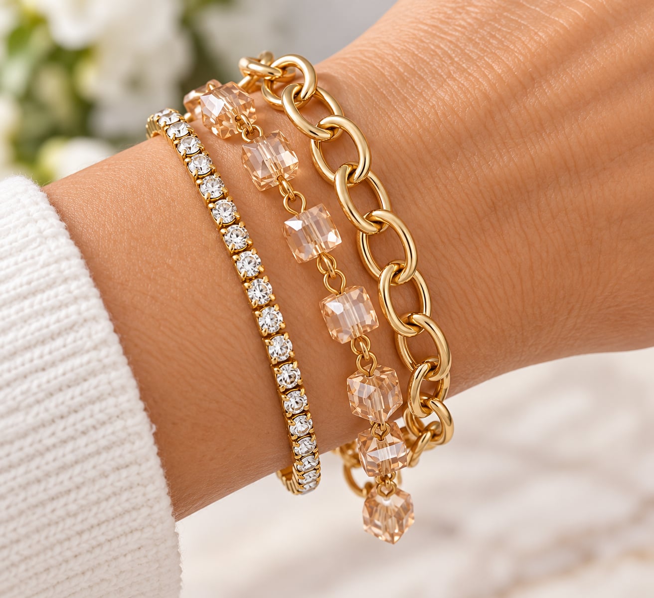 Gold Tone Crystal Tennis Chain Bracelet Set of 3 3
