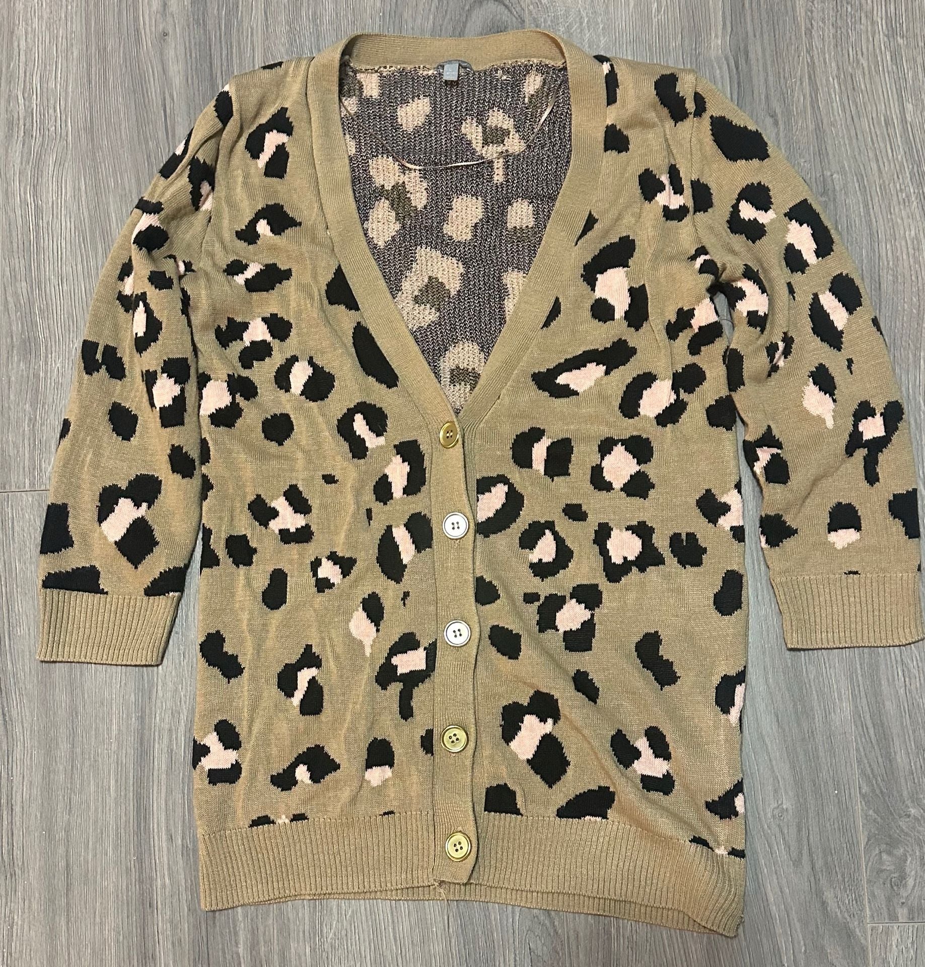 Charlotte Russe Leopard Print Cardigan Size L Green Knit Sweater Open Front 2