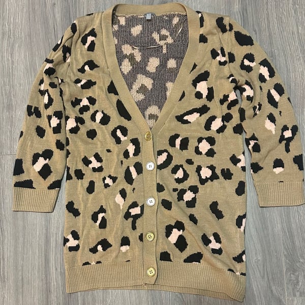 Charlotte Russe Leopard Print Cardigan Size L Green Knit Sweater Open Front