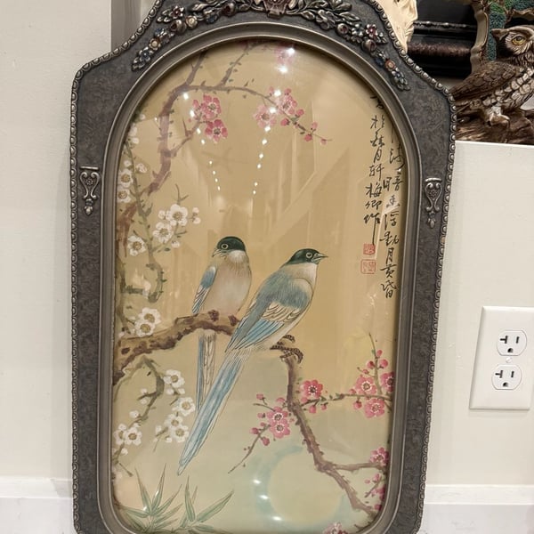 Vintage Asian Bird Blossom Painting in Ornate Frame with curved glass