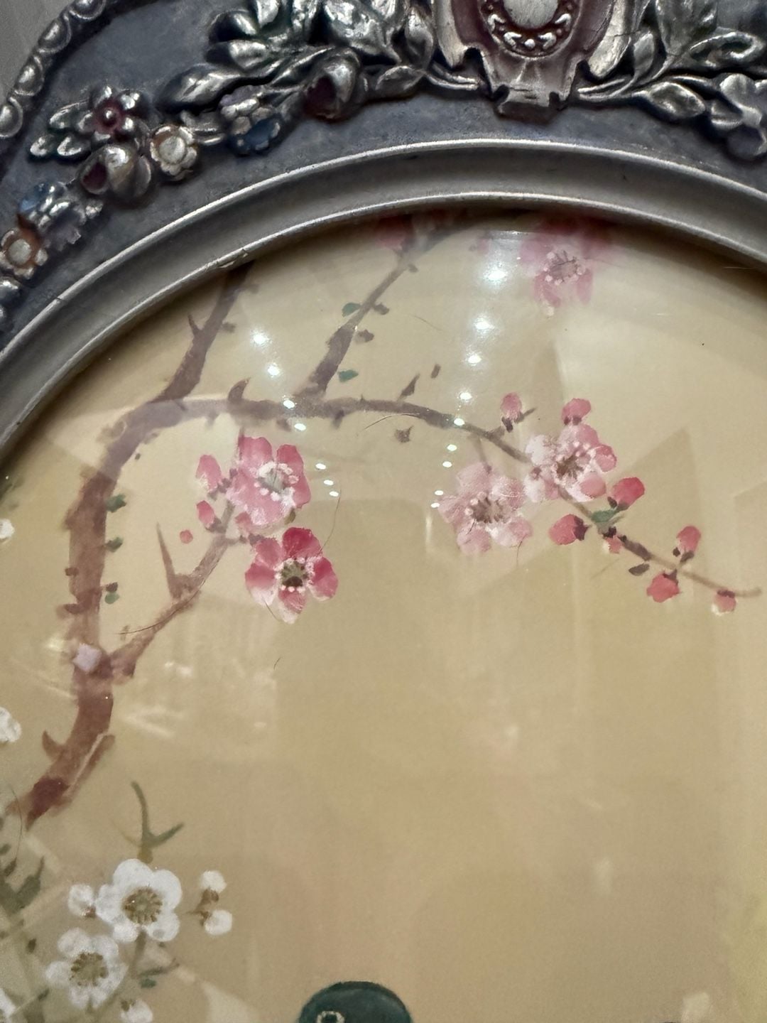 Vintage Asian Bird  Blossom Painting in Ornate Frame with curved glass 7